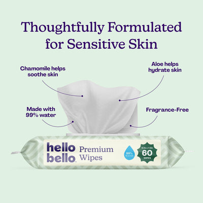 Hello Bello Premium Wipes, Designed for Sensitive Skin with Chamomile & Aloe Extracts, Simply Sage (12 Resealable Packets = 720 Total Wipes)