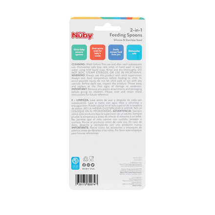 Nuby 2-in-1 feeding spoons packaging with text and icons on a white background