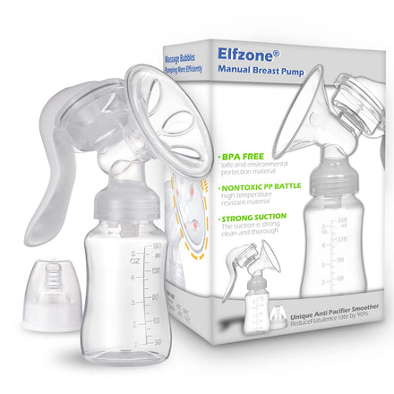 Elfzone manual breast pump with packaging on a white background