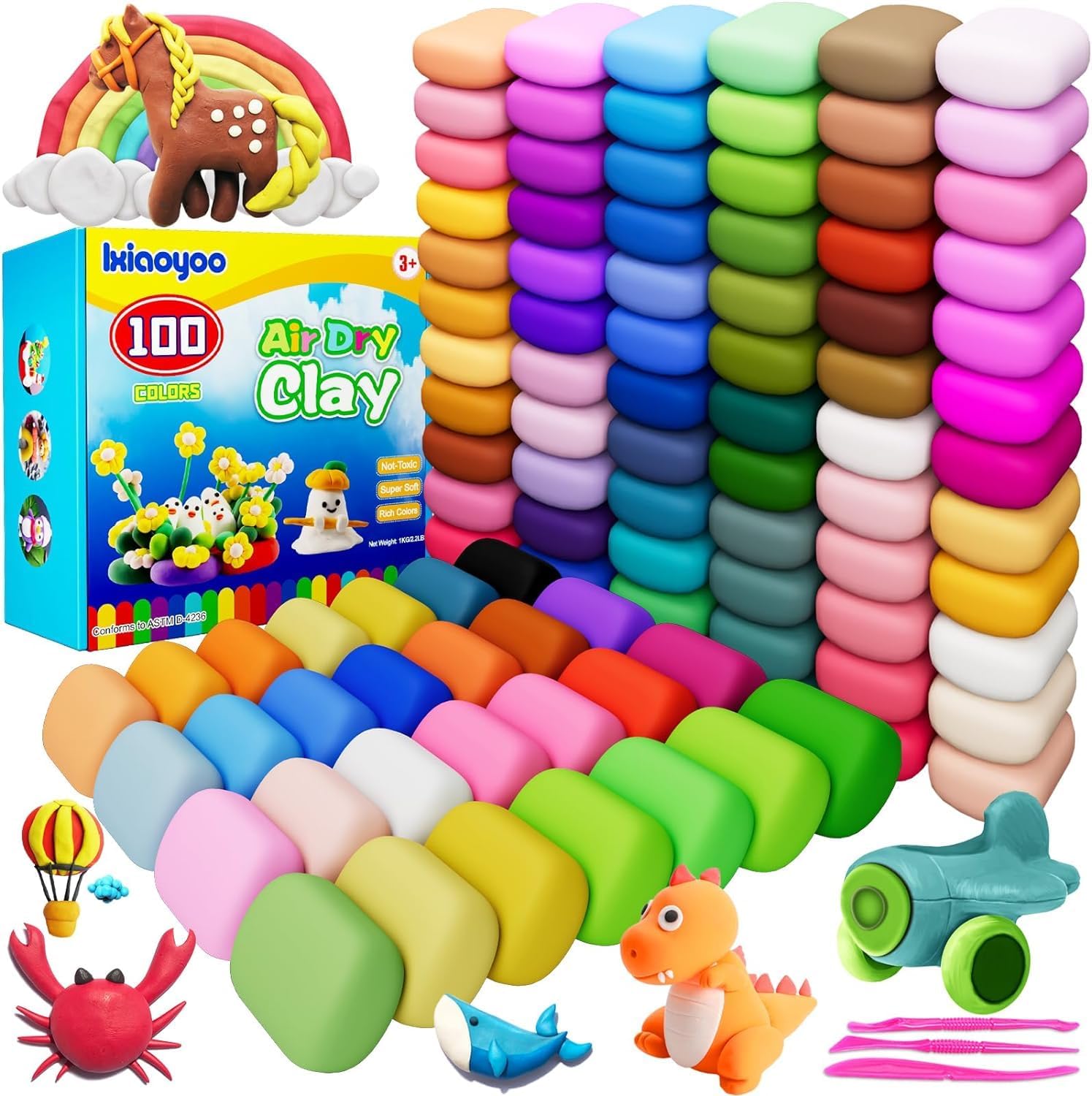 Air Dry Clay, 100 Colors Modelling Clay for Kids, DIY Molding Magic Clay for with Tools, Soft & Non-Sticky, Toys Gifts for Age 3 4 5 6 7 8+ Years Old Boys Girls Kids