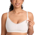 MOMANDA Lace Cotton Nursing Bras for Breastfeeding V Neck Wireless Nursing Sleep Bralettes Ultra Soft Iceland White Medium