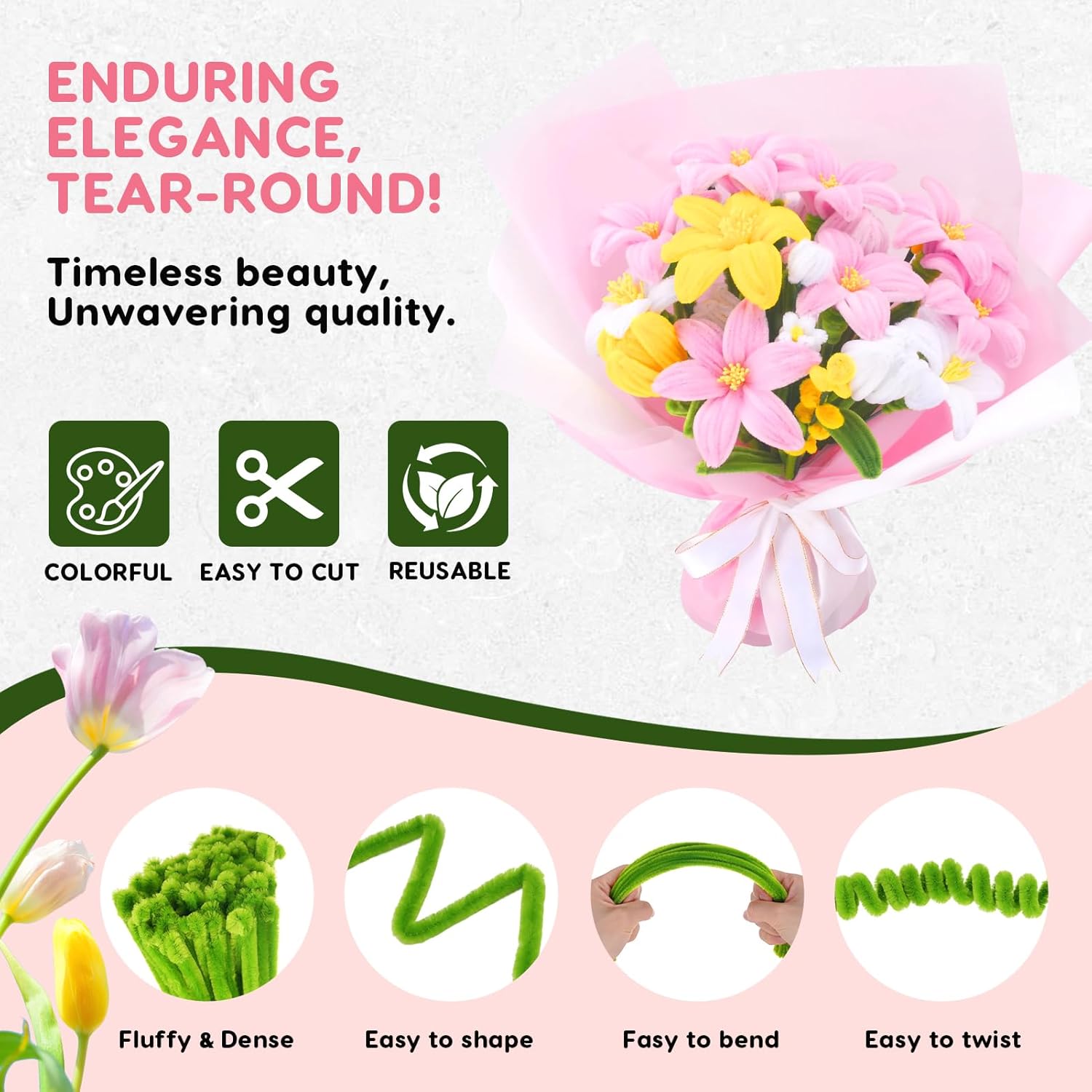 600PCS Pipe Cleaners Craft, Pipe Cleaner Bulk Flower Kit, 6 Colors Chenille Stems Flower Making Kit with Floral Wires, Gardening Tape, Stamen, Floral Wrapping Paper & Ribbon for Art and Craft Supplies