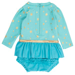 RuffleButts Baby Girls UPF50+ Princess Long Sleeve Bow Skirted One Piece Swimsuit - Teal Golden Princess, 6-12m