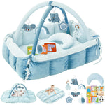 5-in-1 Plush Baby Play Gym & Activity Mat, Baby Play Mats, Baby Gym with Convertible Design, Tummy Time Mat with Pillow, 6 Sensory Toys for Newborn to Toddler, Grey