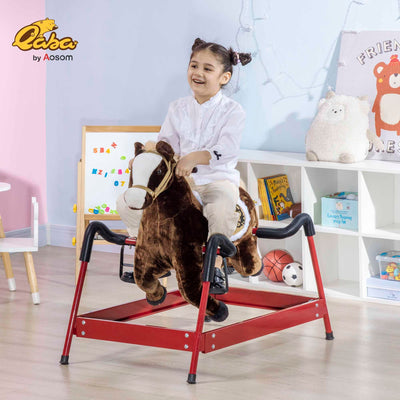 Qaba Kids Spring Rocking Horse, Ride on Horse for Girls and Boys with Sounds, Plush Animal Ride-on Toy with Soft Feel, Interactive Toy for Kids, Dark Brown