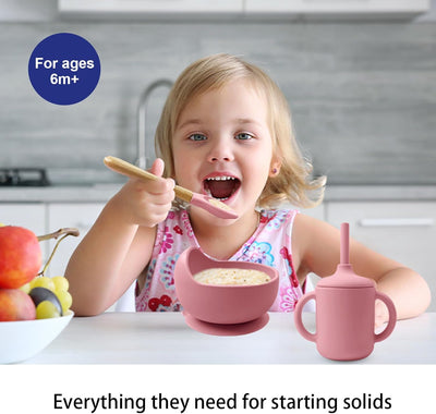Silicone Baby Feeding Set 14 Pcs,Baby Led Weaning Supplies, Baby Spoons Suction Bowl Divided Plate Bib Cup Finger Brush,First Stage Solid Food Eating Utensils - 6+ Months(Deep Red)