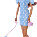 Barbie Twinning Looks Doll with Pet Dog in Matching Blue Polka Dot Clothes and Accessories for Both Like Berets and Purses, Brown Hair