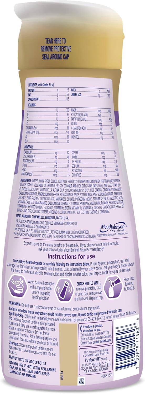 Enfamil NeuroPro Gentlease Baby Formula, Brain Building DHA, HuMO6 Immune Blend, Designed to Reduce Fussiness, Crying, Gas & Spit-up in 24 Hrs, Ready-to-Feed Infant Formula, Liquid, 32 Fl Oz (6 Count)