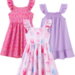 PATPAT Girls Summer Dress Set – Pink Ice Cream & Sprinkle Prints, Ruffle Sleeves & Lavender Smocked Strap Dress, Perfect for School, Play & Parties, 4–5T