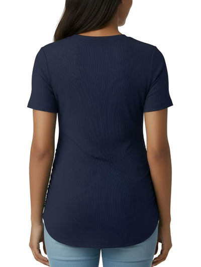 Motherhood Maternity Women's Short Sleeve Crew Neck Side Ruching Pregnancy Tee Shirt, Peacoat, Large