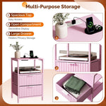 VINGLI Pink Nightstand with Charging Station and Fabric Drawers, Fluted Nightstand with Drawers, Night Stand Pink Bedside Table with Charger Station for Bedroom, Kids Room, 14.96" W*11.81" D*23.78" H