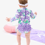RuffleButts Baby Girls UPF 50+ Sun Protection Floral Printed Long Sleeve One Piece Rash Guard Swimsuit with Zipper - Purple Hydrangea Garden, 3-6m