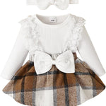 Baby Girl Clothes Fall Winter Outfit Plaid Romper Long Sleeve Dress Lace Ruffles Bodysuit with Bow Headband