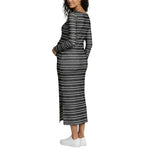 Motherhood Maternity Women's Long Sleeve Ribbed Square Neck Bodycon Casual Pregnancy Dress, Black/White Double Stripe, Large