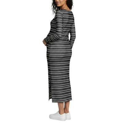 Motherhood Maternity Women's Long Sleeve Ribbed Square Neck Bodycon Casual Pregnancy Dress, Black/White Double Stripe, Large