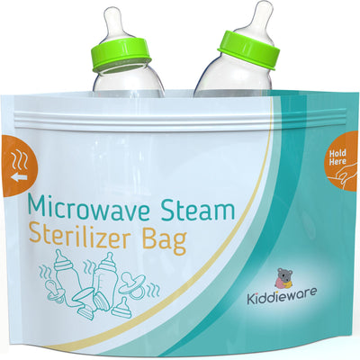 Microwave steam sterilizer bag with two baby bottles and Kiddieware branding.