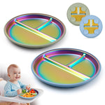 Coinicxcel Stainless Steel Toddler Plates with Suction, 9" BPA-Free Rainbow Baby Plates 2pcs with Removable Food-Grade Silicone Base, Divided Kids Plates Dishwasher Safe, Blue & Green