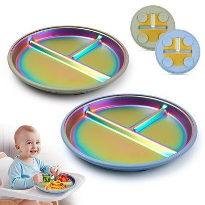 Coinicxcel Stainless Steel Toddler Plates with Suction, 9" BPA-Free Rainbow Baby Plates 2pcs with Removable Food-Grade Silicone Base, Divided Kids Plates Dishwasher Safe, Blue & Green
