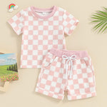 FOCUSNORM Toddler Baby Girl Outfit Newborn Girl Summer Clothes Short Sleeve T Shirt Checkerboard Top Set Elastic Waist Shorts (Checkerboard Pink, 12-18 Months)