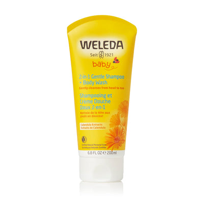 Weleda baby 2-in-1 Gentle Shampoo + Body Wash tube on a white background