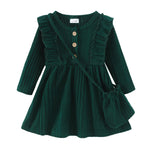 Kucnuzki 2T 3T Girl Clothes Toddler Girl Christmas Dress Kids Clothes Green Casual Long Sleeve Button Up Dress Fall Winter Baby Outfit with Cute Crossbody Bag