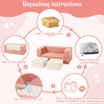 MOOZHEALTH Toddler Foam Climbing Blocks|Modular Kids Soft Play Couch Sofa with 2 Ottomans Indoor,Baby Crawling & Sliding Foldable Soft Play Set with Stair,Beige & Pink