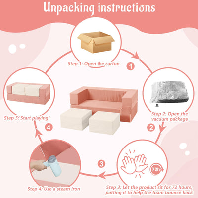 MOOZHEALTH Toddler Foam Climbing Blocks|Modular Kids Soft Play Couch Sofa with 2 Ottomans Indoor,Baby Crawling & Sliding Foldable Soft Play Set with Stair,Beige & Pink