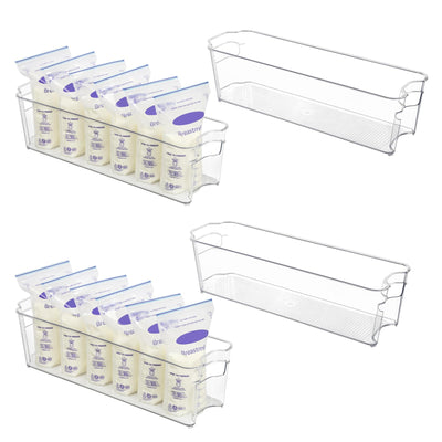 Two sets of breast milk storage bags with clear containers on a white background