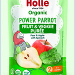 Holle Organic Baby Food Pouches - Power Parrot Baby Puree with Pear, Apple & Spinach - (6 Pack) Organic Baby Snacks + Fruit and Veggie Pouches for Weaning Babies 6 Months and Older