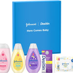 Johnson's Baby Here Comes Baby Gift Set, Baby Essentials for New Parents with Moisturizing Lotion, Bedtime Bath, Body Wash & Shampoo, Hand & Face Wipes, & Diaper Rash Cream, 5 Items