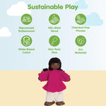 PlanToys® Wooden Girl Dollhouse Figure – Dark Skin Tone | Poseable 1:12 Scale Dollhouse People | Montessori Pretend Play Doll with Bendable Arms & Legs | Eco-Friendly Wooden Figurine for Kids
