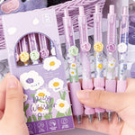 MOZXIRZ 5 Pcs Gel Ink Pens Retractable Pens Cute Flower Pen 0.5mm Black Ink Writing Pen Office School Supplies Aesthetic Pens for Women Girls (Purple)