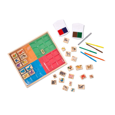 Melissa & Doug Deluxe Wooden Stamp Set: Animals - 30 Stamps, 6 Markers, 2 Stamp Pads