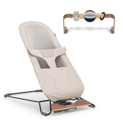 UPPAbaby Mira Bouncer Bundle, Includes Mira 2-in-1 Bouncer and Wonder Wheel Toy Bar, Seat Grows with Your Baby, Folds Flat, Sensory Entertainment – Charlie (Sand Mélange)