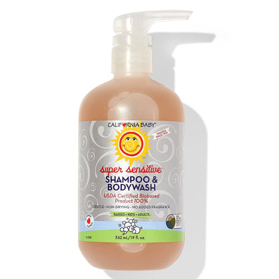 California Baby shampoo and body wash bottle with pump on a white background