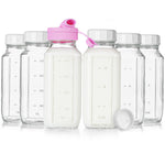 Sovietiep 16 Oz Square Glass Milk Bottles with A Silicone Cap, 6 Pack Glass Bottles for Juicing with Airtight Lids, Drinking Bottles with Lids and Scale Mark, Breast Milk Storage Jug Easy to Carry