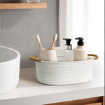 Baskets for Gifts Empty, Small Woven Cotton Rope Gift Basket for Organizing, Cute Cat Dog Toy Bin Box, Baby Nursery Storage Organizer, White Storage Bin with Brown Handles, 13" x 9" x 5"