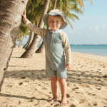 Nibbcoa Toddler Baby Boys Seersucker Long Sleeve One Piece Rash Guard Swimsuit Zipper Bathing Suit Swimwear with Hat (Khaki Blue, 12-18 Months)