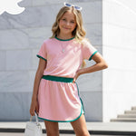 PATPAT Girls 2 Piece Outfits Size 7-8 Years, Pink Green Color Block T Shirts and Skorts Clothing Sets, Girls Summer Outfits, Trendy Clothes Skirt Sets Summer Clothes Lounge Sets