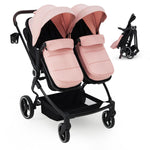 Side by Side Double Stroller for Twins, Lightweight Compact Foldable Baby Travel Stroller with High Landscape Seat, Adjustable Canopy & Recline for Infant and Toddler, Pink