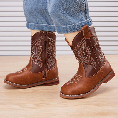 BMCiTYBM Toddler Cowboy Boots - Lightweight Western Cowgirl Boots for Boys Girls, Anti-Slip Soft Sole Walking Shoes with Side Zipper for Easy On/Off, Classic Stitching for Costumes & Outdoor Play Brown Size 6 Toddler