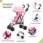 One-Handed Folding Lightweight Stroller, Large Storage Basket, Canopy, Cup Holder, Compact Umbrella Stroller Durable Frame, Travel Stroller for Airplane Ultra Overhead Friendly (Pink)