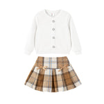 PATPAT Toddler Girl 2 Piece Skirt Sets Size 5T White Sweatshirts and Khaki Pleated Plaid Skirt 2 Piece Outfits Crew Neck Long Sleeve Knit Sweaters and Plaid Skort Clothing Set Christmas Outfits