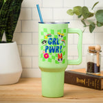 Silver Buffalo Powerpuff Girls Girl Power Groovy Retro Featuring Blossom, Bubbles, and Buttercup Stainless Steel Tumbler with Handle and Straw, Fits in Standard Cup Holder, 40 Ounces
