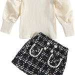 fhutpw Baby Toddler Girl Outfits Fall Winter Clothes Turtleneck Knitted Cotton Long Sleeves Tops & Button Mini Skirts Set