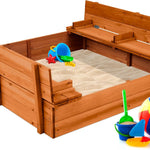 Best Choice Products Kids' Outdoor Wooden Sandbox Large, Cedar Wood with Foldable Bench Seats and Sand Protection, Bottom Liner Included - Brown