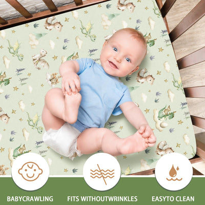 Peryiter 3 Pcs Watercolor Dragon Crib Sheet Set Baby Crib Bedding Set Includes 52"x28" Fitted Sheet, Quilt, Bed Skirt for Newborn Boy Girl Cute Nursery Newborn Sheets Decor