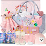Coralogo Baby Shower Gift Basket - Baby Gift Set, Pregnancy Gift for New Parents, Gender Reveal Gifts, New Born Essential with Security Blanket Soft Hat Bib SocksMittens, Boy & Girl