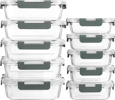 Set of clear glass food storage containers with gray lids.