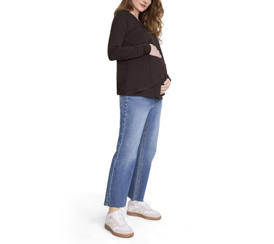 Motherhood Maternity Women's Long Sleeve Scoop Neck Tulip Nursing Tee Shirt for Breastfeeding with Easy Access, Chocolate Tort, Large